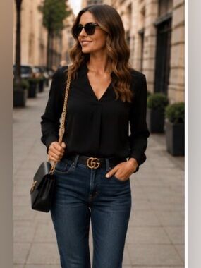 J.Crew Black V-Neck Blouse | Classic Career Chic | Office to Evening Top
